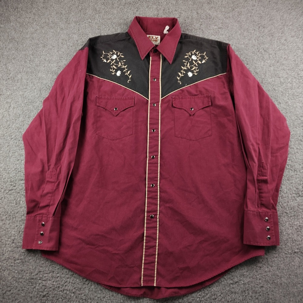 VTG Ely Cattleman Mens Large Burgundy Black Floral Embroidered Pearl Snap Shirt